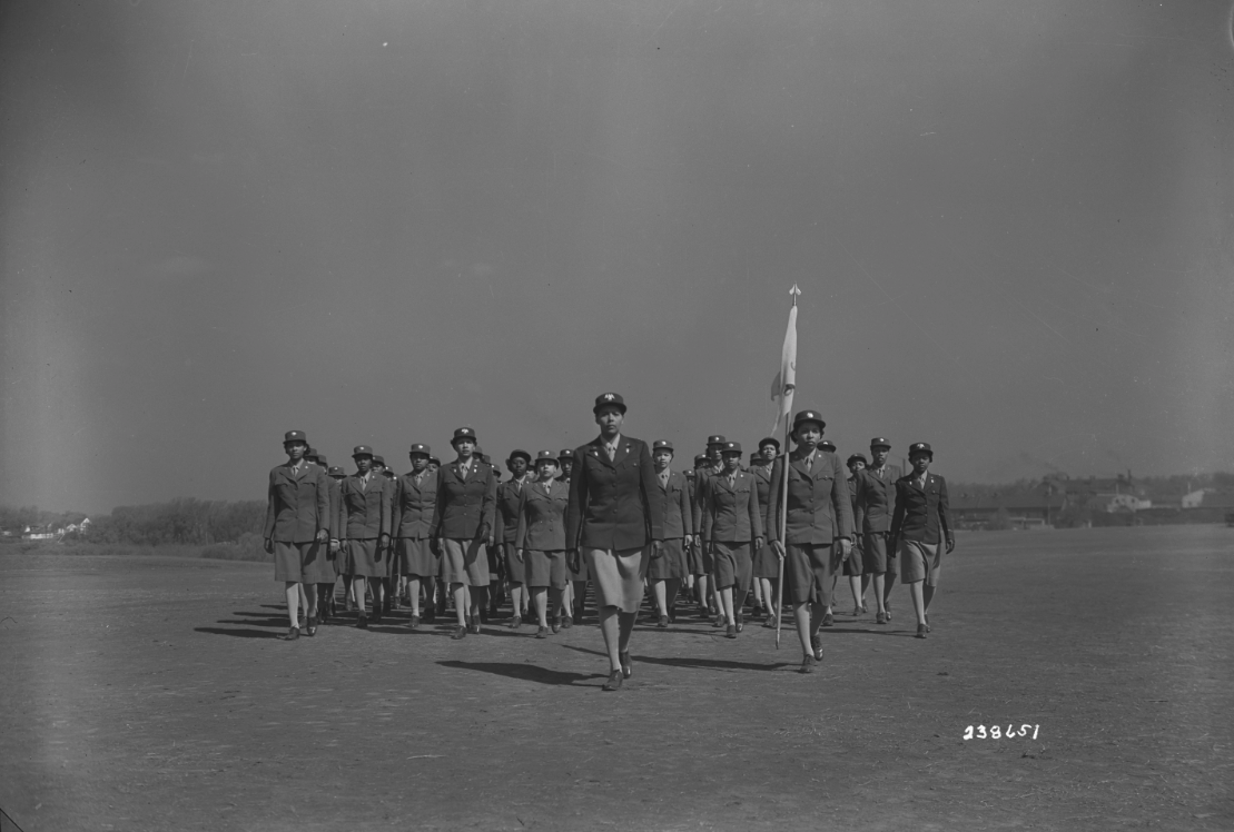 Charity Adams drills her company at the first WAAC Training Center, Fort Des Moines, Iowa, 1943