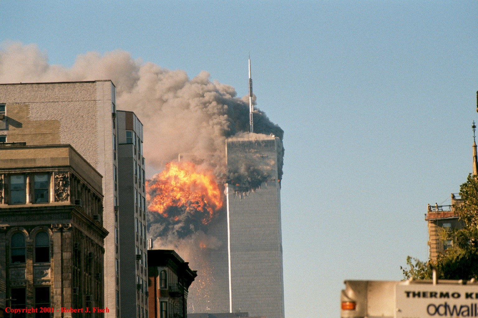 Fireball erupting from the South Tower of the World Trade Center, New York, 11 September 2001