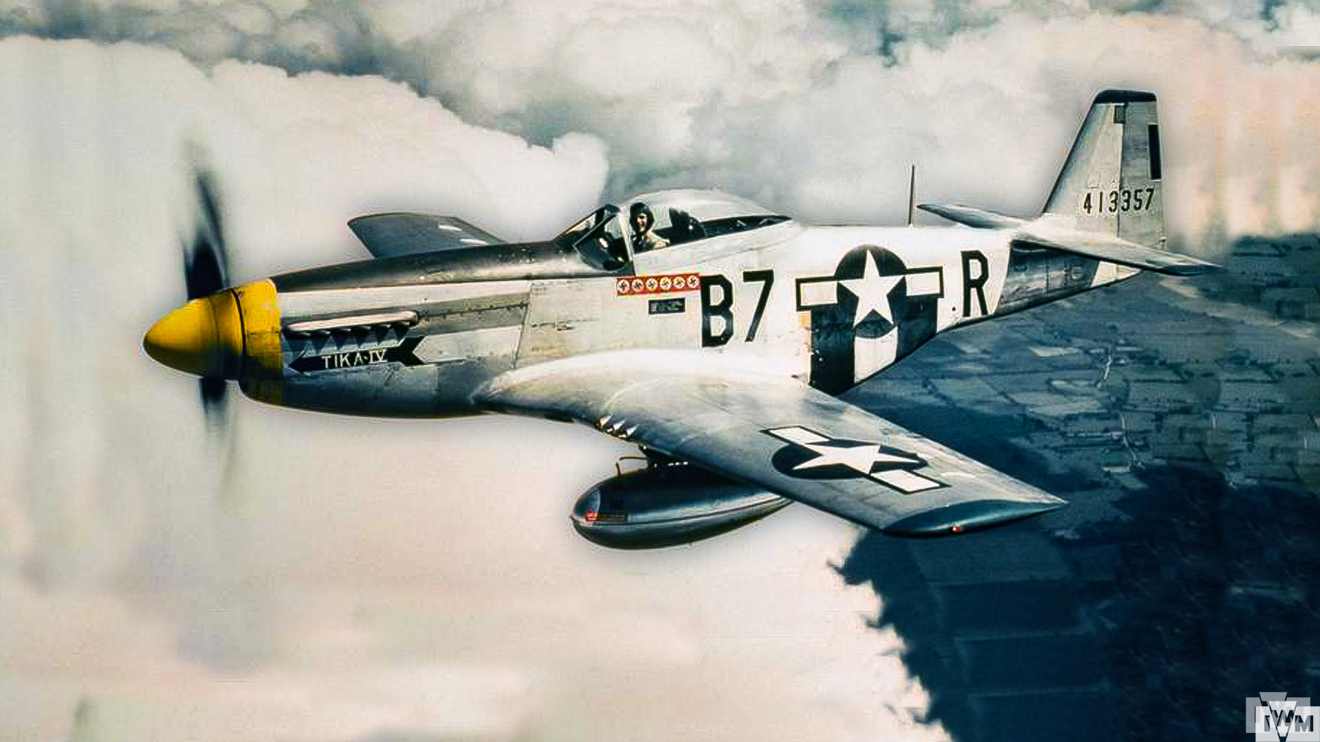 Lieutenant Vernon R Richards of the 361st Fighter Group fliying his P-51 Mustang (B7-R, serial number 44-13357) nicknamed "Tika IV".