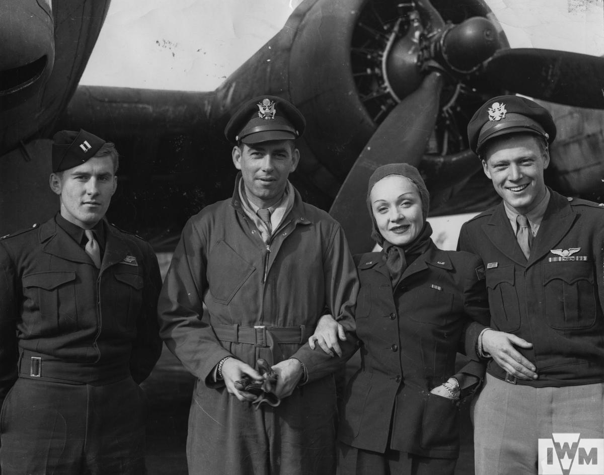 Marlene Dietrich on a visit to Deenethorpe, Northamptonshire, after entertaining airmen of the 401st Bomb Group, September 1944.