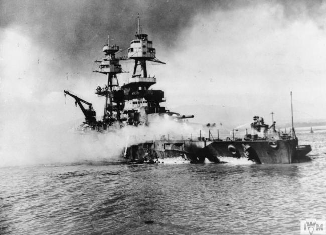 The battleship USS NEVADA, beached at Hospital Point after her unsuccessful attempt to put to sea.