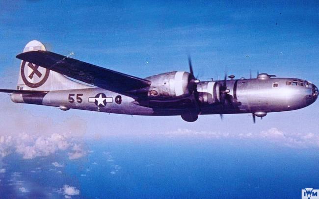 B-29 Superfortress of the 9th Bomb Group, 20th Air Force in flight.